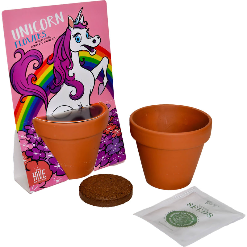 Unicorn Flowers wildflower grow kit with terracotta pot, soil disc, and seed packet