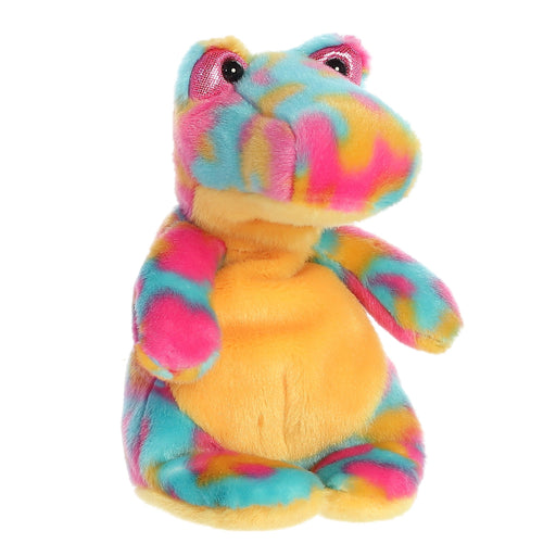Colorful tie-dye plush alligator stuffed animal with pink blue yellow orange swirl pattern