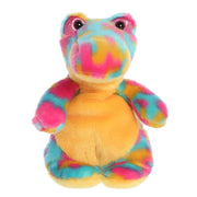 Rainbow tie-dye plush alligator stuffed animal with sparkly eyes on white background