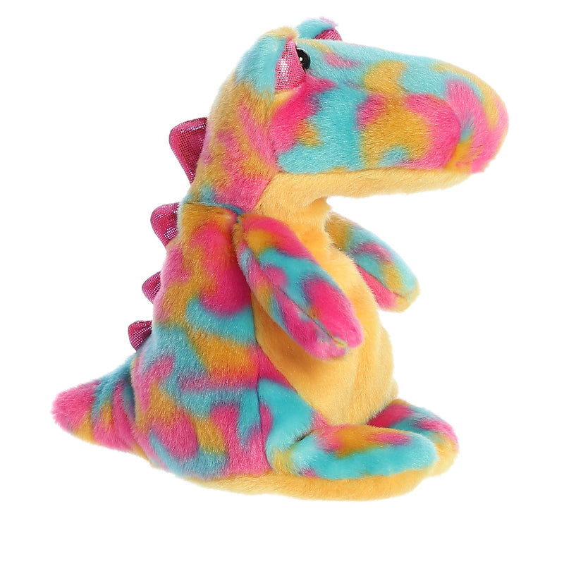 Colorful tie-dye plush alligator stuffed animal with pink spikes on back