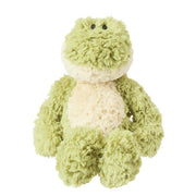 Green and cream plush frog stuffed animal with fluffy texture