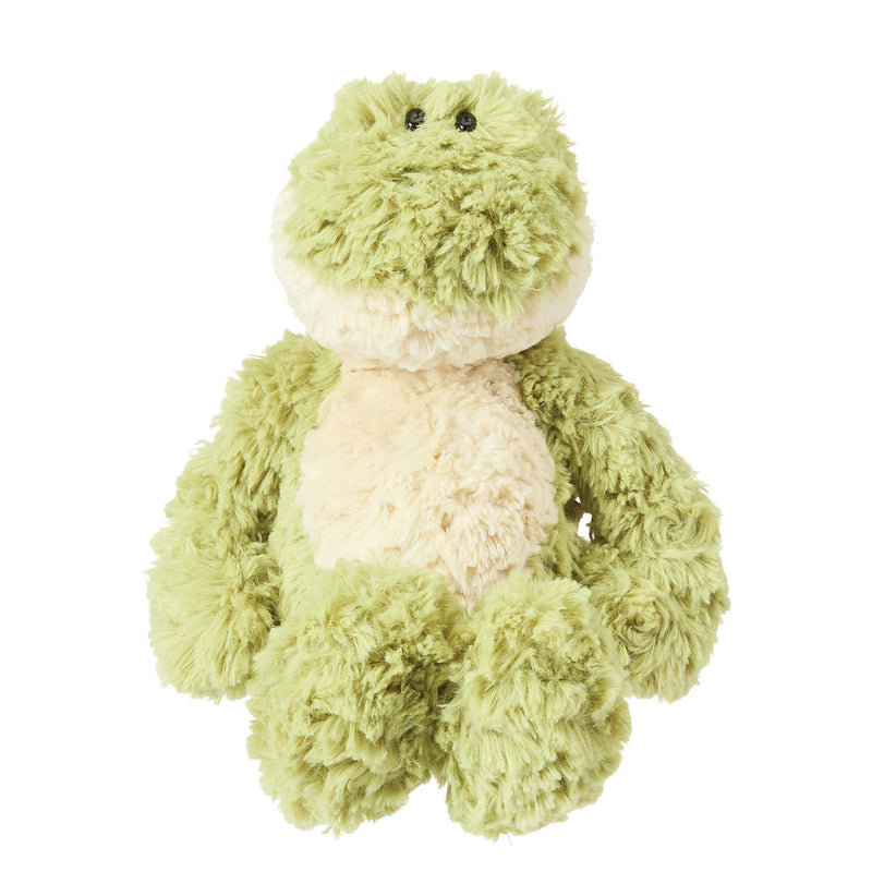 Green and cream plush frog stuffed animal with fluffy texture