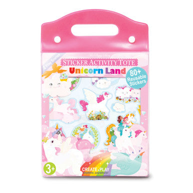 Pink unicorn land sticker activity tote with handle and reusable stickers