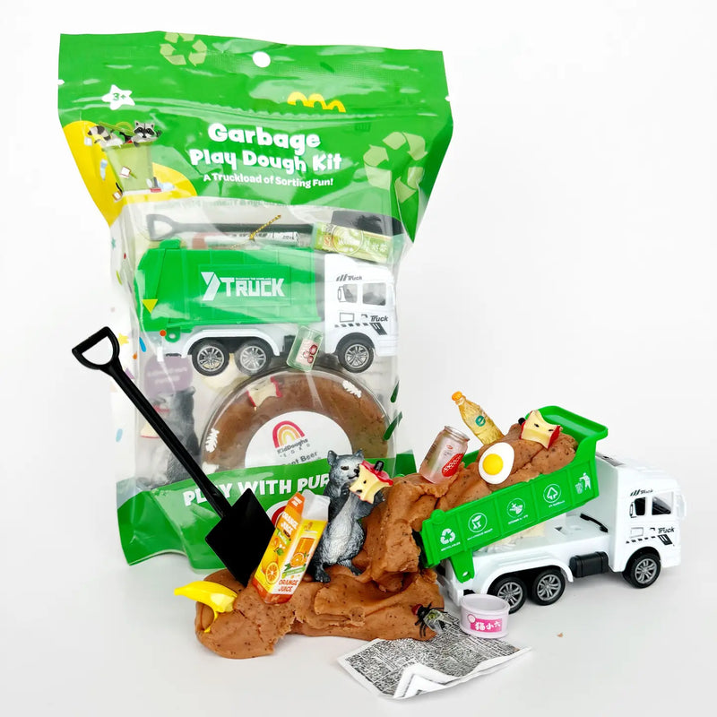 Garbage Play Dough Kit with toy truck, brown dough, and miniature recyclable items