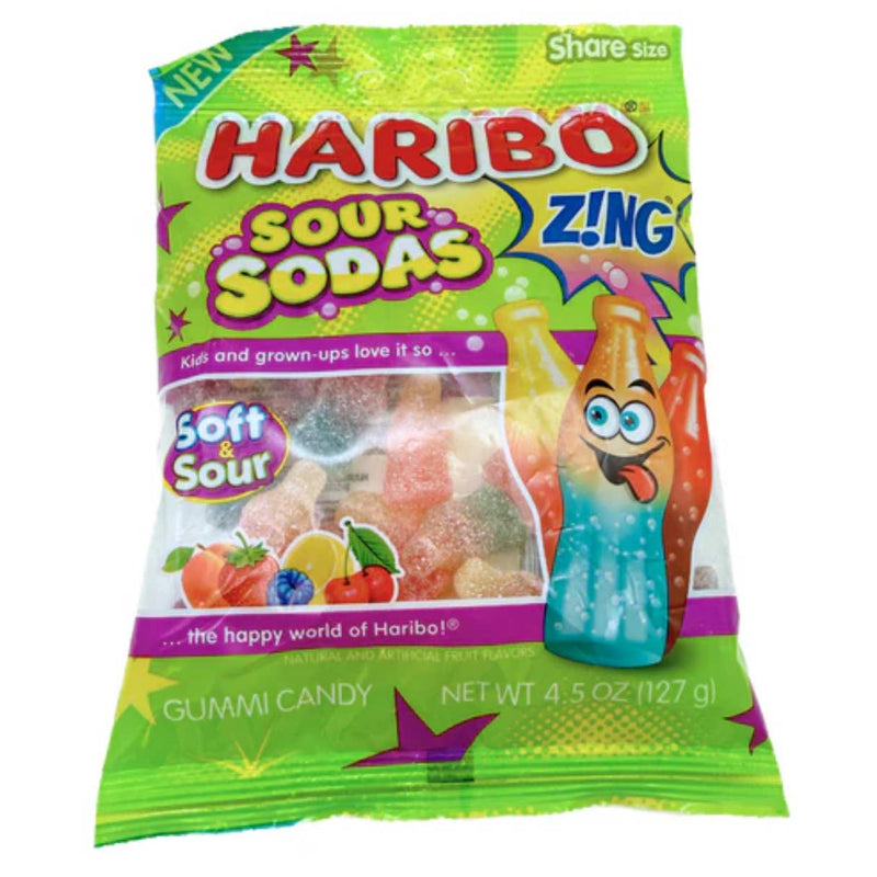 Haribo Zing Sour Sodas gummy candy package showing colorful bottle-shaped candies