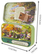 DIY Miniature Forest Retreat tin box diorama with dimensions showing rabbit countryside scene