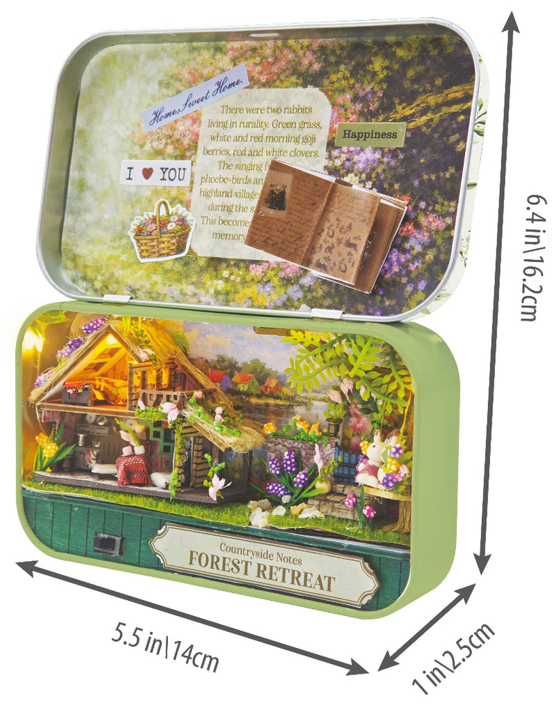 DIY Miniature Forest Retreat tin box diorama with dimensions showing rabbit countryside scene