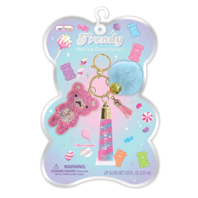 Hot Focus Trendy gummy bear lip gloss keychain with sparkly pink bear charm and pom pom
