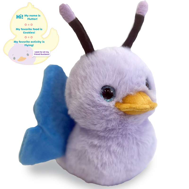 Flutter lavender butterfly duck plush with blue wings, antennae, and glitter eyes
