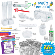 Science experiment kit contents showing test tubes beakers safety goggles and ingredient packets