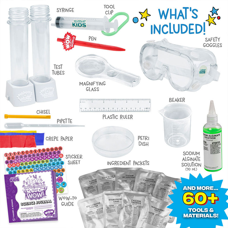 Science experiment kit contents showing test tubes beakers safety goggles and ingredient packets