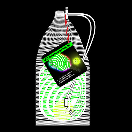 LED pickleball paddle set in mesh carrying bag with USB charging cable