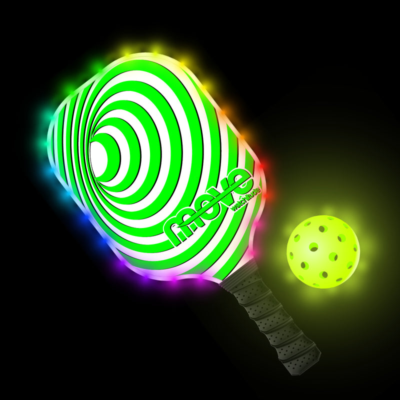 LED pickleball paddle with green spiral design and glowing yellow ball