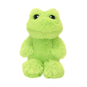 Green plush frog stuffed animal with large black eyes on white background
