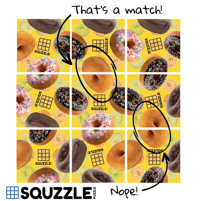 Squzzle Puzzle donut-themed grid puzzle game showing matching gameplay with colorful donuts
