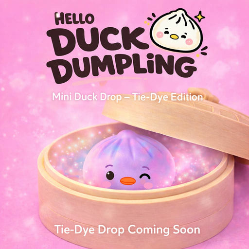 Hello DuckDumpling Mini Tie-Dye Edition colorful dumpling toy in bamboo steamer