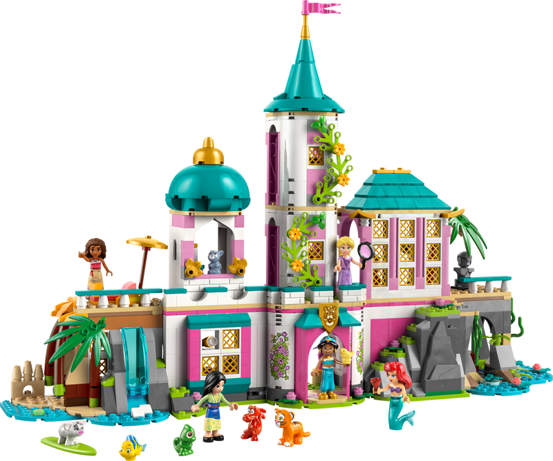 LEGO Disney Princess castle playset with turquoise towers, minifigures, and accessories on black background