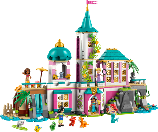 LEGO Disney Princess castle playset with turquoise towers, minifigures, and accessories on black background