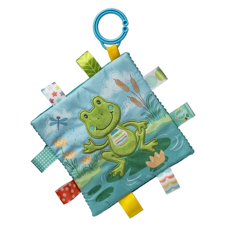Taggies Peepers Frog Crinkle Me baby toy with blue teething ring and colorful ribbon tags