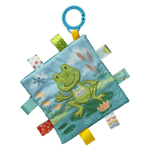 Taggies Peepers Frog Crinkle Me baby toy with blue teething ring and colorful ribbon tags