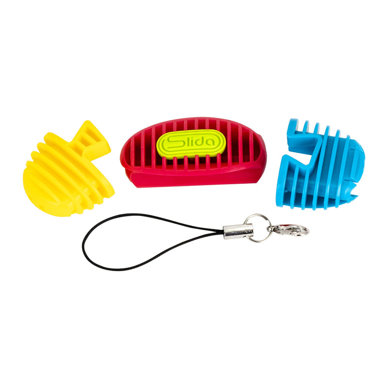 Colorful 3D puzzle fidget toy with yellow blue red pieces and lanyard