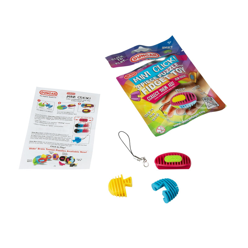 Duncan Mini Click 3D puzzle fidget toy package with colorful puzzle pieces and instruction sheet