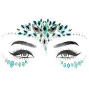 Decorative face gems with teal and green crystals in ornate pattern design