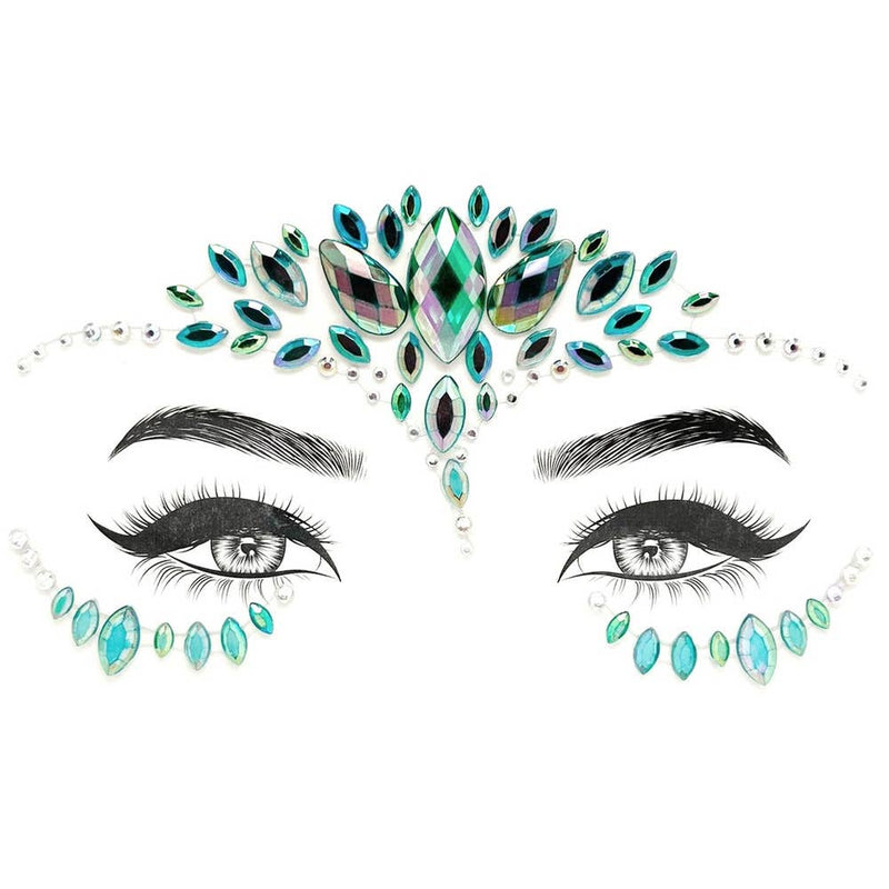 Decorative face gems with teal and green crystals in ornate pattern design
