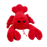 Red plush lobster stuffed animal with black eyes and drawstring closure