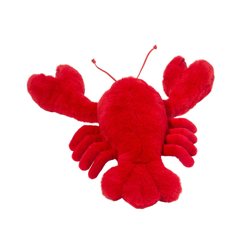 Red plush lobster stuffed animal with claws and antennae on white background