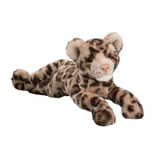 Douglas Dlux Saffron Leopard plush toy lying on white background