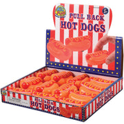 Pull Back Hot Dogs toy set in carnival-themed display box with multiple orange hot dog toys
