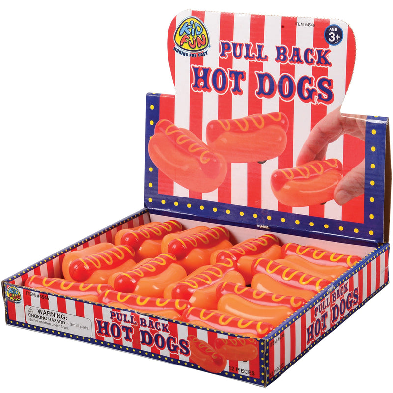 Pull Back Hot Dogs toy set in carnival-themed display box with multiple orange hot dog toys