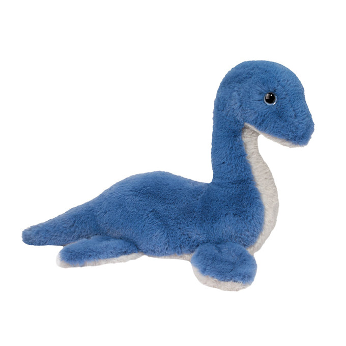 Blue plush sea monster dinosaur toy with white belly on white background