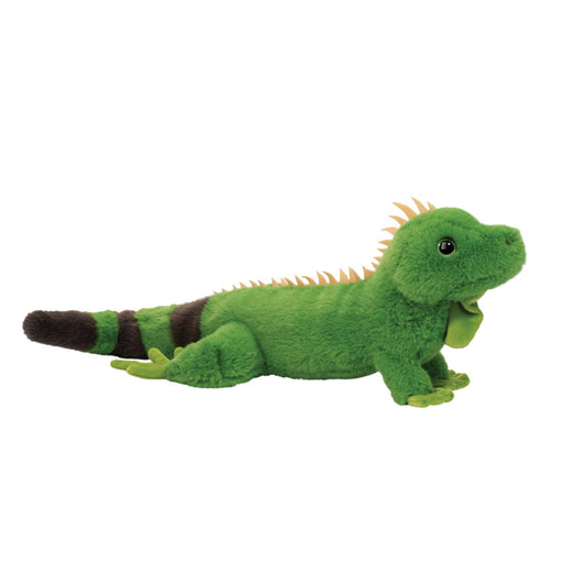Green plush iguana toy with brown stripes and orange spikes