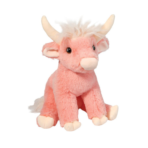 Pink plush Highland cow stuffed animal with white horns and fuzzy hair