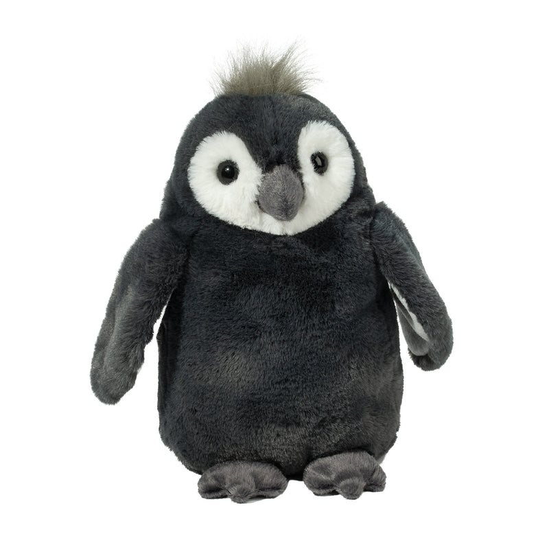 Gray penguin chick plush toy with white face patches and fuzzy head tuft