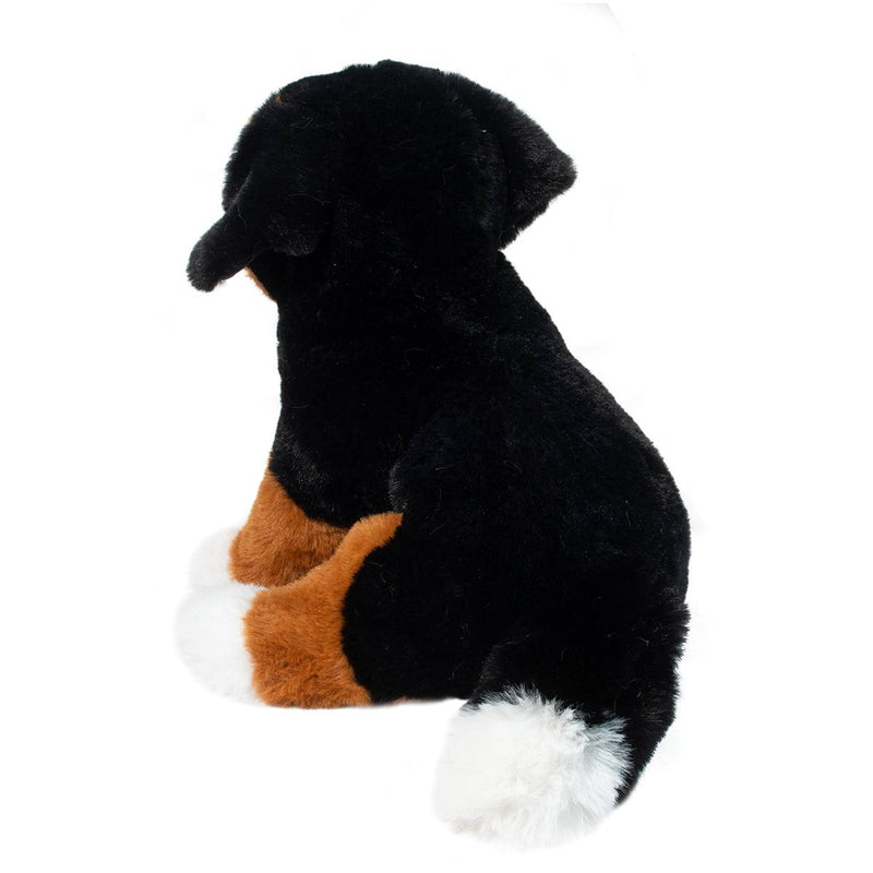 Black and brown Bernese Mountain Dog stuffed animal plush toy sitting on white background