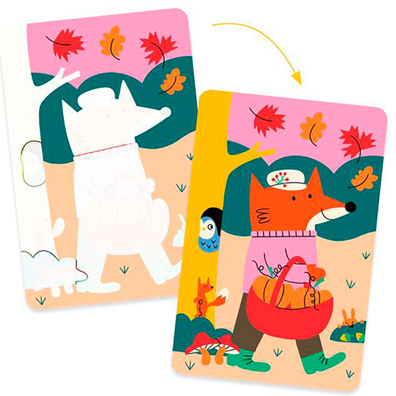 DJECO 4 Seasons Magic Coloring Kit showing before and after coloring card transformation with fox illustration