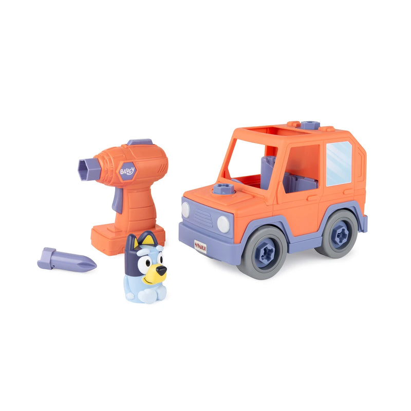 Orange Bluey Build A Buddy Car toy set with drill tool and Bluey figure