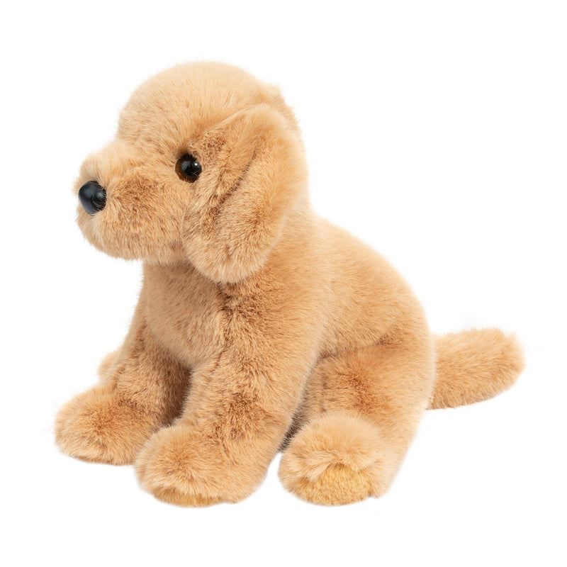 Golden retriever plush toy with soft tan fur sitting on white background
