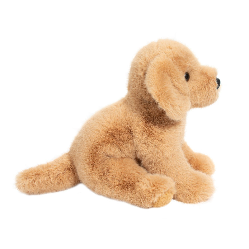 Golden brown plush golden retriever stuffed animal sitting on white background