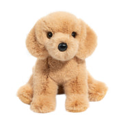 Golden tan plush Golden Retriever stuffed animal sitting on white background