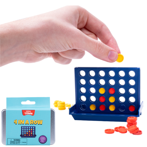 Hand playing a game of '4 in a Row' with colorful pegs on a white background.