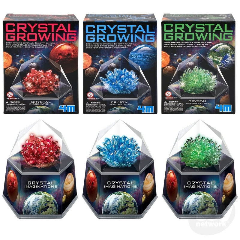 Crystal Growing kits by 4M showing three color variants with packaging and display containers