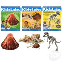 KidzLabs science kit collection showing three boxes and assembled volcano, dinosaur, and fossil models