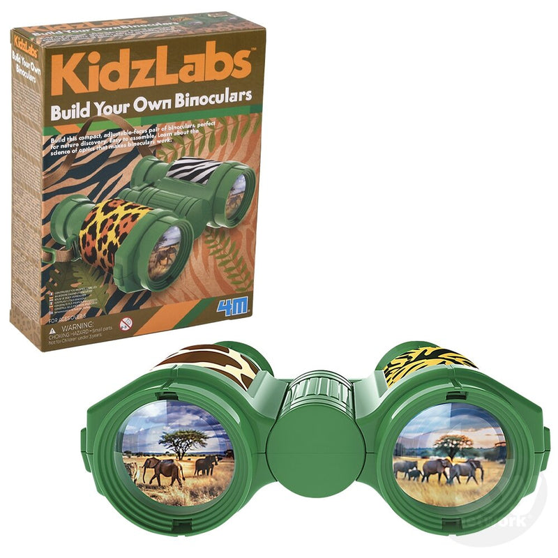 KidzLabs Build Your Own Binoculars kit with green safari-themed binoculars and packaging box