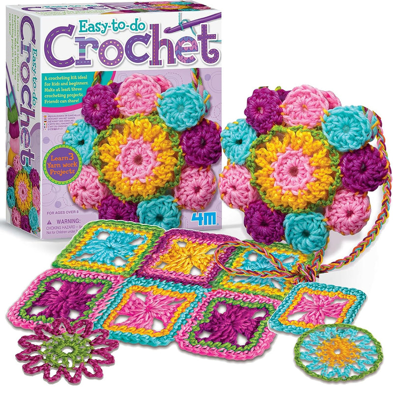Easy-to-do Crochet kit showing a colorful crocheted floral bag, matching crochet squares, a flower charm, and the product box on a white background.