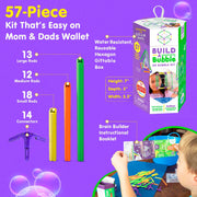 Build-A-Bubble 3D kit showing 57 pieces including rods, connectors and instructional booklet