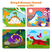 Four colorful dinosaur-themed dot activity scenes showing various cartoon dinosaurs in different environments